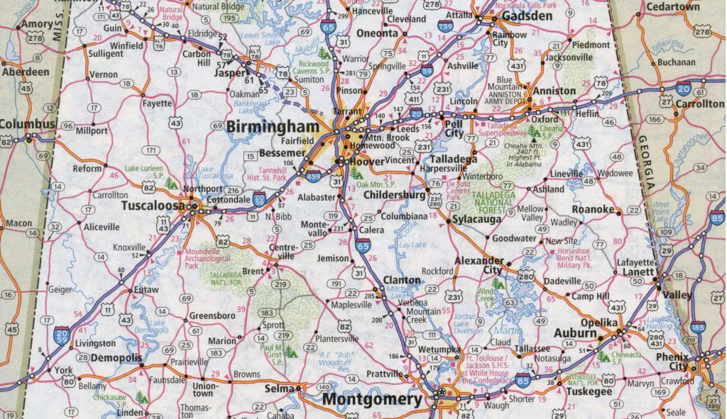 Detail of a road map of Alabama