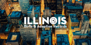 Aerial view of Chicago , USA, orange and teal colorized, with the words Illinois Birth and Adoption Records in White in center