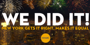 Celebratory fireworks on a night new york city sky with the large phrase WE DID IT! in white, under which is New York gets it right, makes it equal, and the logo of New York Adoptee Rights Coalition underneath