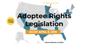 Map of United States showing states where adoptee rights bills are pending or dead
