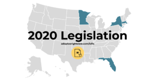 Map of United States with words 2020 Legislation over the center part and log of Adoptee Rights Law Center