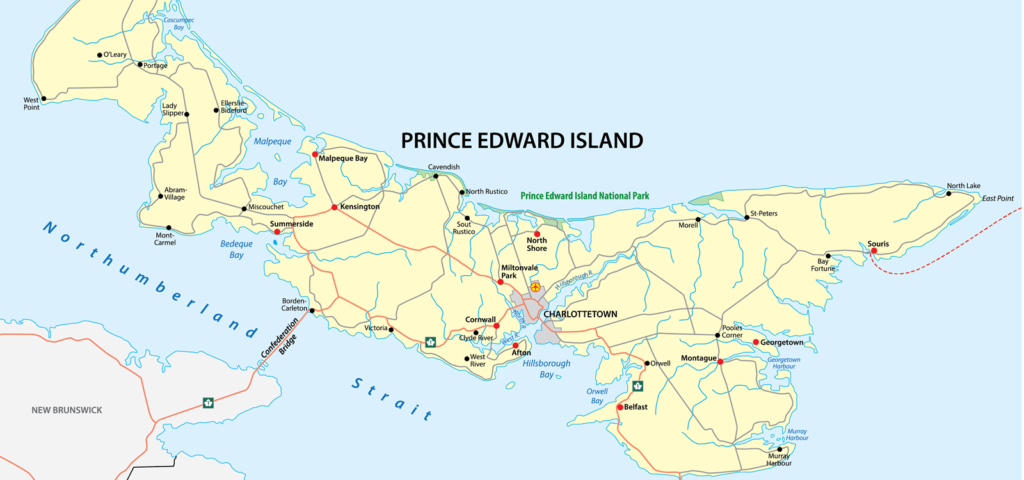 Road map of Prince Edward Island, with island set in yellow and surrounding ocean set in blue