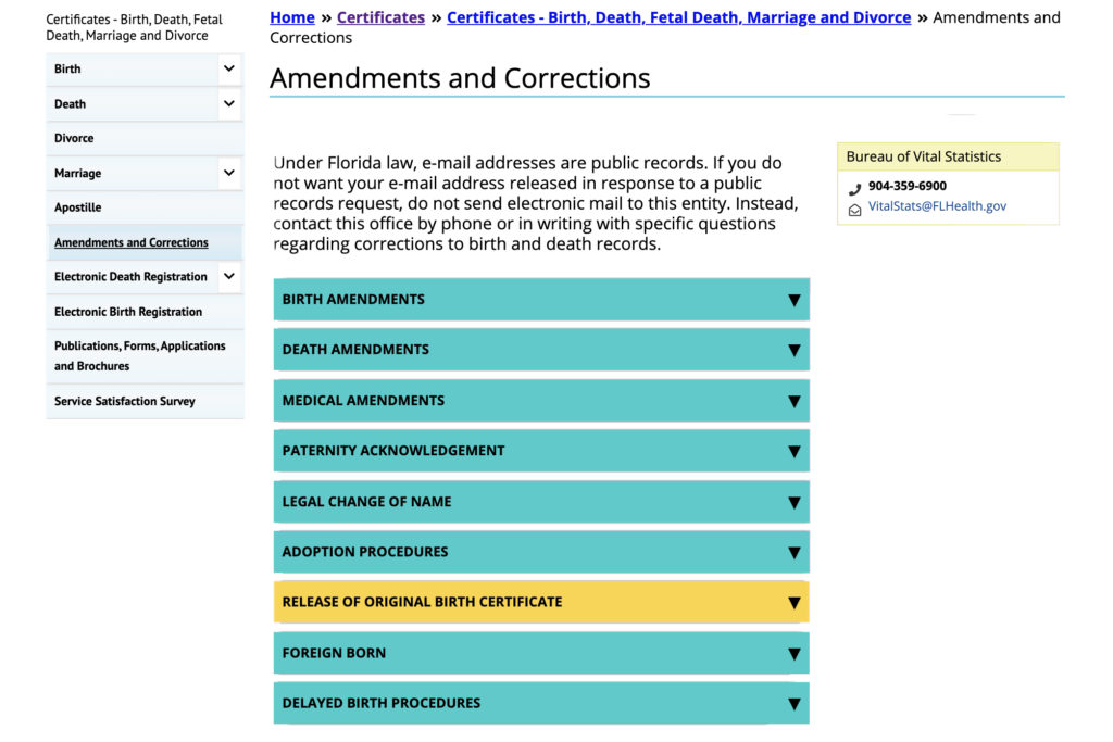 Image of the Amendments and Corrections web page at the Florida Department of Health, Bureau of Vital Statistics, showing the forms that are available, including, as highlighted, Release of Original Birth Certificate.