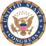 Seal of the United States Congress. Round insignia with gold border, internal royal blue circle with the words in white United States Congress and an American Eagle icon in the middle with gold stars above.