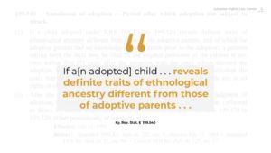 Block quote with gold and black text stating "If an adopted child . . . reveals definite traits of ethnological ancestry different from those of adoptive parents . . ."