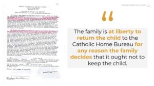 Image of a document with the title Catholic Home Bureau for Dependent Children, with gold and black text in a block quote on the right stating "The family is at liberty to return the child to the Catholic Home Bureau for any reason the family decides that it ought not to keep the child."