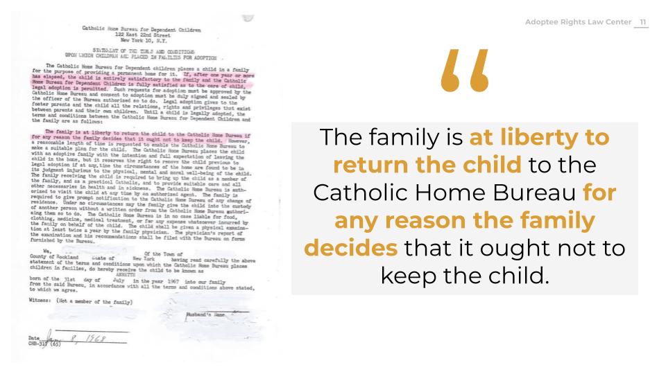 Image of a document with the title Catholic Home Bureau for Dependent Children, with gold and black text in a block quote on the right stating "The family is at liberty to return the child to the Catholic Home Bureau for any reason the family decides that it ought not to keep the child."