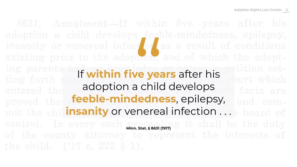 Block quote with gold and black text stating "If within five years after his adoption a child develops feeble-mindedness, epilepsy, insanity or venereal infection . . .