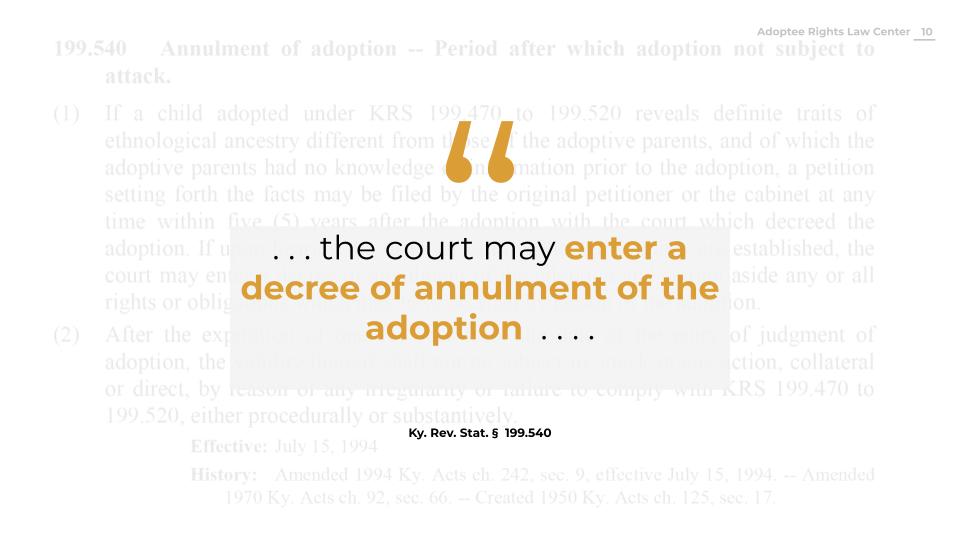 Block quote with gold and black text stating " . . . the court may enter a decree of annulment of the adoption"