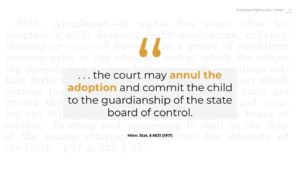 Block quote with gold and black text stating " . . . the court may annul the adoption and commit the child to the guardianship of the state board of control."
