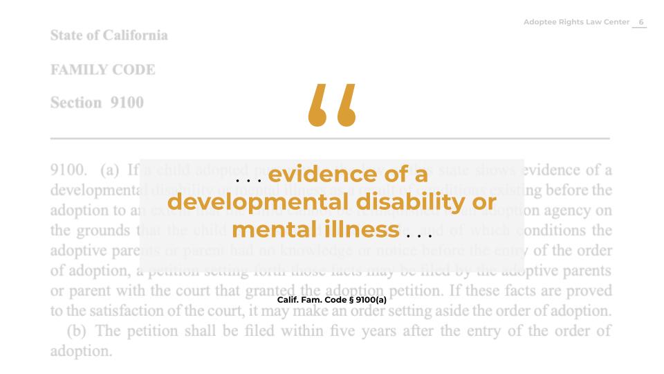 Block quote with gold and black text stating ". . . evidence of a developmental disability or mental illness. . . "