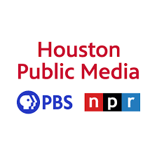 Logo of Houston Public Media. Houston Public Media is in red above logos of PBS (Public Broadcasting System) and NPR (National Public Radio)