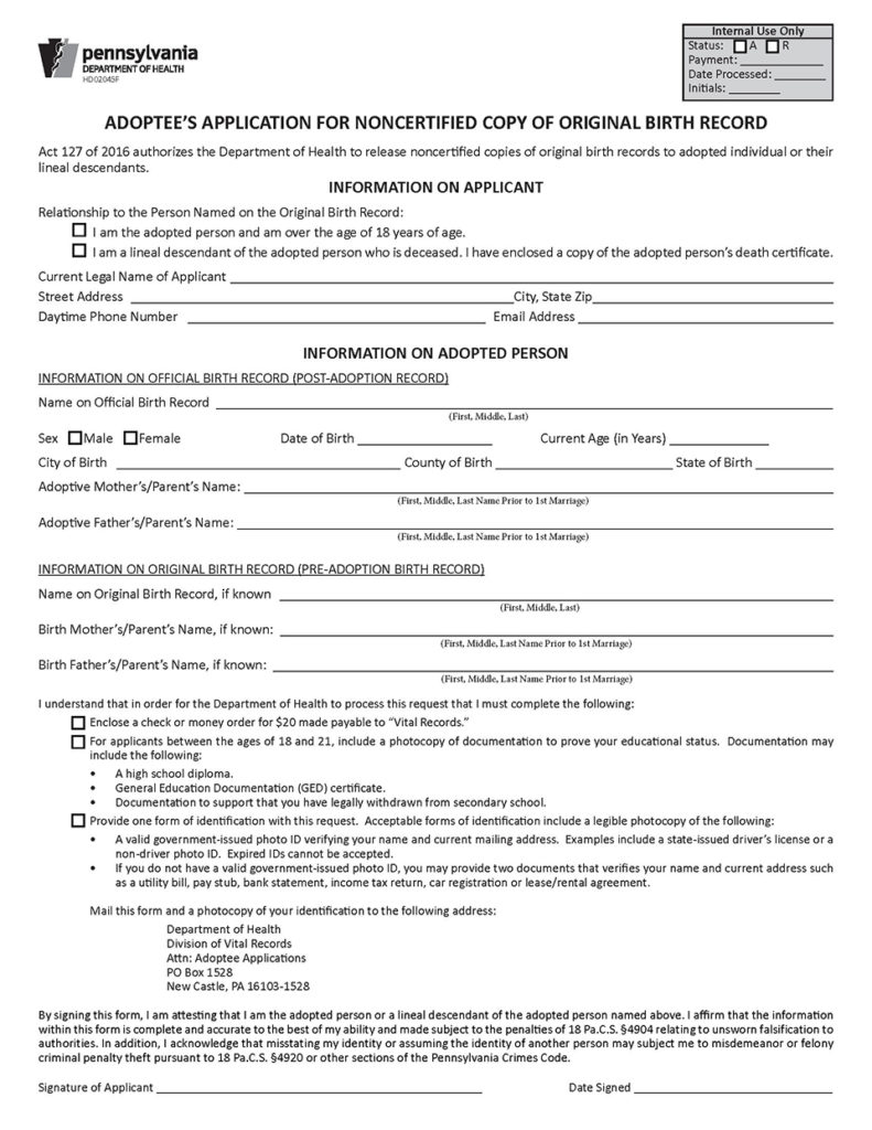Copy of form used to request information in Pennsylvania on a pre-adoption birth certificate