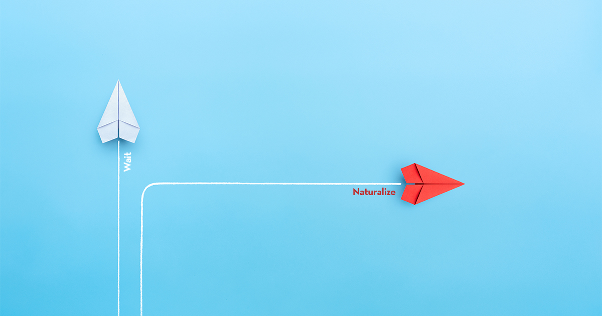 Two paper airplanes on a bright light blue backround. One airplane is white and is flying straight up, with the word "Wait" behind it and the other is a red airplane that took a sharp turn left and has the word "Naturalize" behind it.