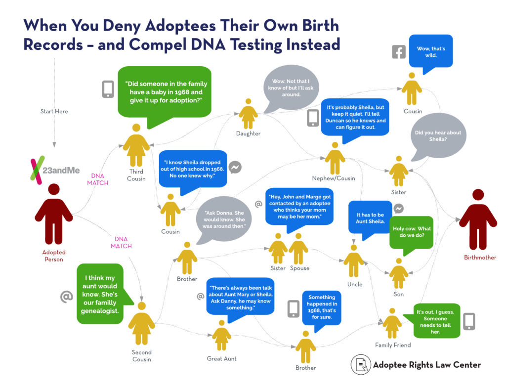 Chart showing how discriminatory limits on the release of a person's own birth record ultimately leads to more public disclosure of the information.